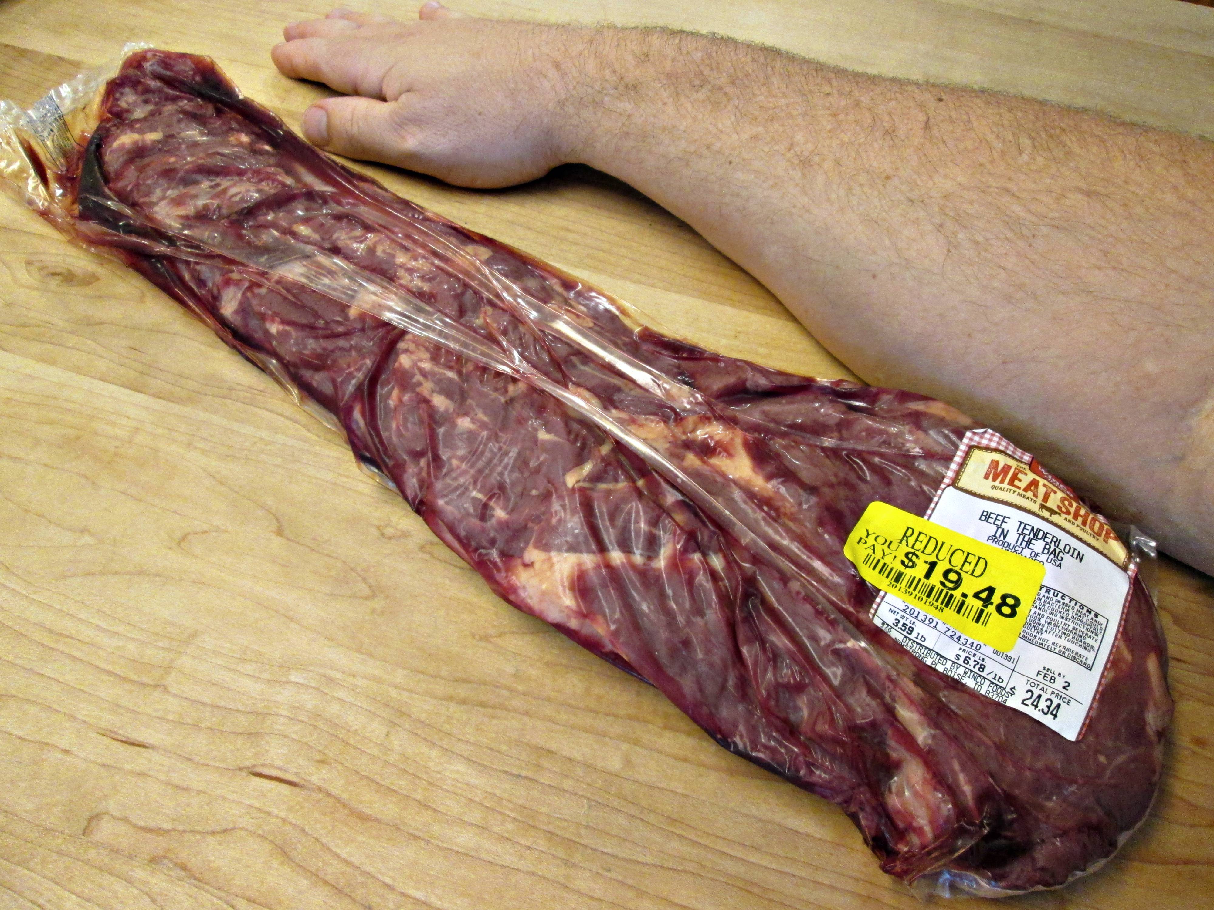 3.5 lbs Beff Tenderloin on sale for less than $20 dollars, used to grind into beef sticks.