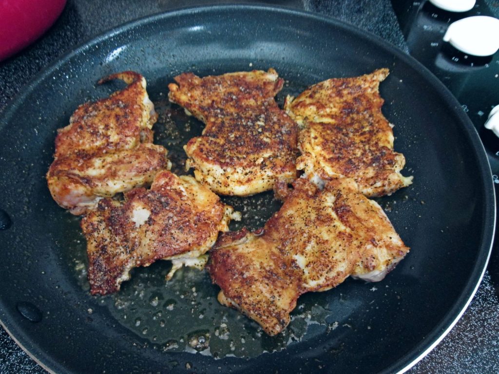 Pan fried skillet chicken thigh meat for chicken clam chowder.